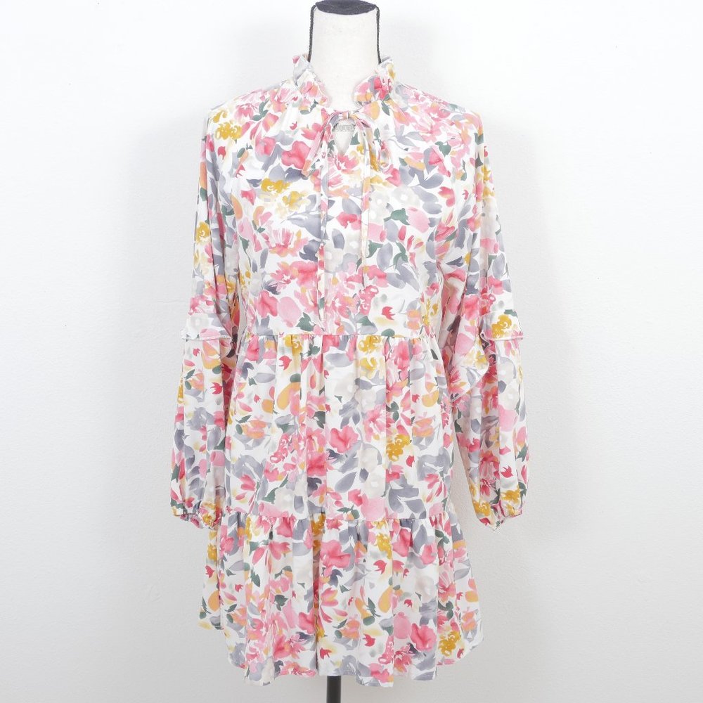 SHEIN Pastel Floral Ruffle Neck Long Sleeve Boho Size Small Shift Dress